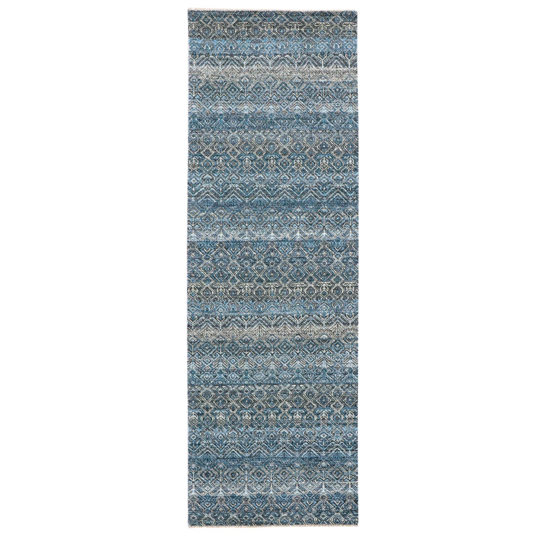 2'8"x8'1" Azure Blue, Hand Knotted, Borderless Kohinoor Herat, All Over Small Geometric Repetitive Diamond Pattern, Shiny Soft Wool, Runner Oriental Rug 